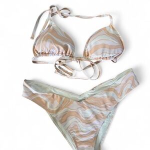Abercrombie & Fitch Beige and White Marble-Print Bikini Top